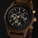 The CHRONUS Cosmic Night features a classic SEIKO VD54 chronograph movement, scratch resistant sapphire coated glass and stainless steel enforced strap links. The watch is made of black sandalwood and has a black dial with golden details. Handcrafted to p
