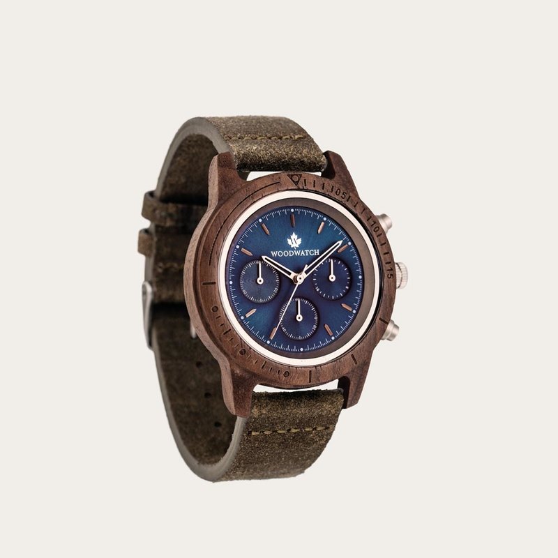 Sapphire Silver Khaki features a classic SEIKO VD54 chronograph movement, scratch resistant sapphire coated glass and khaki strap. Made from American Walnut Wood and handcrafted to perfection. All featuring a 42mm diameter case. The watch is available wit